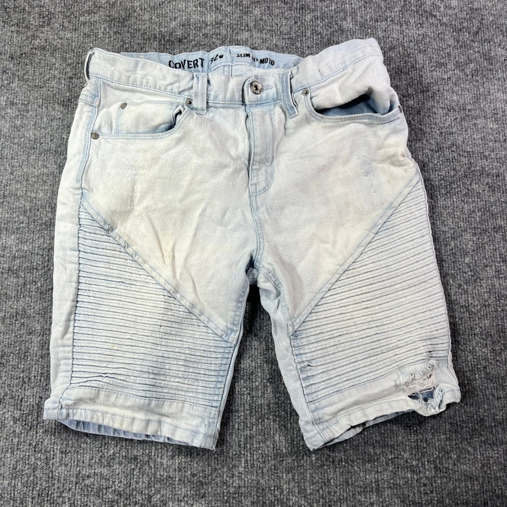 Ninth Hall Covert Slim Fit Moto Denim Shorts Light Wash Blue Mens 32 Distressed